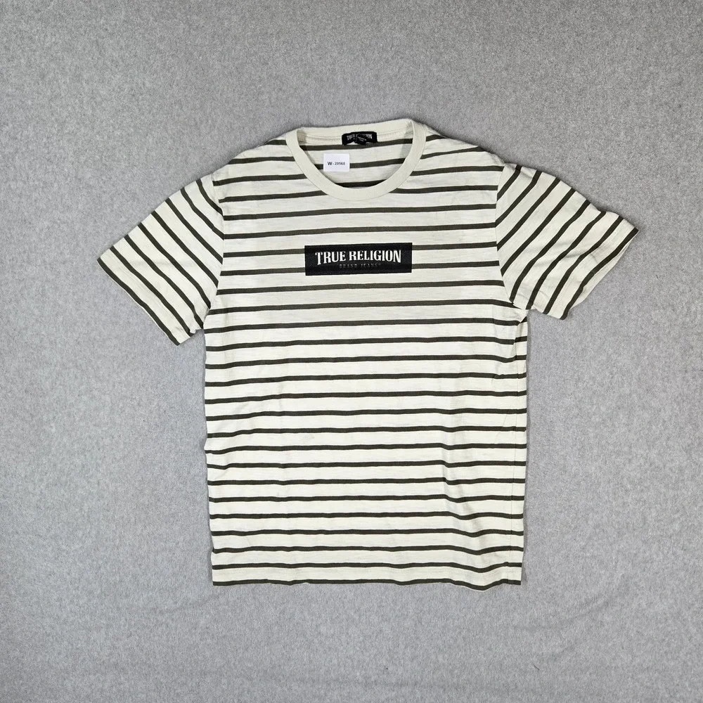 True Religion Men Shirt M White Striped Spellout Logo Short Sleeve
